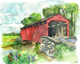 Gedeckte Brücke Aquarell - Druck mit dem Titel"Covered Bridge", Aquarell Malerei, Brücke, Aquarell Landschaft, Landschaftsmalerei