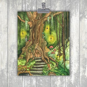 May include: A watercolor painting of a whimsical treehouse nestled in a lush green forest. The treehouse has a small door and windows, and is surrounded by mushrooms and glowing lanterns. A frog sits on a mossy rock in the foreground.