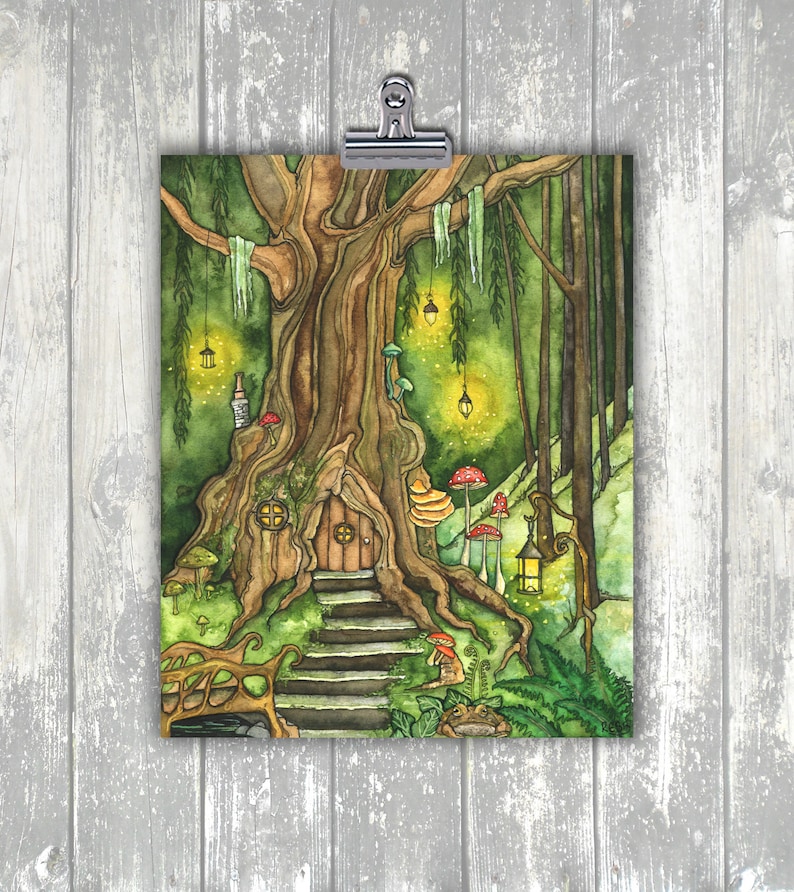 May include: A watercolor painting of a whimsical treehouse nestled in a lush green forest. The treehouse has a small door and windows, and is surrounded by mushrooms and glowing lanterns. A frog sits on a mossy rock in the foreground.