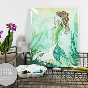 Originele zeemeermin aquarel schilderij - schilderij getiteld, &quot;Onder het zeegras&quot;, originele kunst, origineel schilderij
