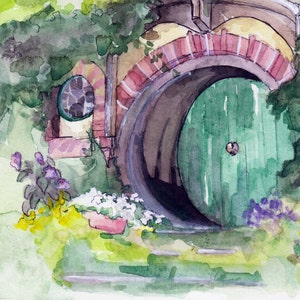 May include: Watercolor painting of a green door with a round archway and a brick frame. The door is set into a hillside with lush green foliage and flowers.