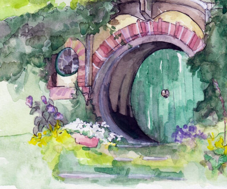 May include: Watercolor painting of a green door with a round archway and a brick frame. The door is set into a hillside with lush green foliage and flowers.