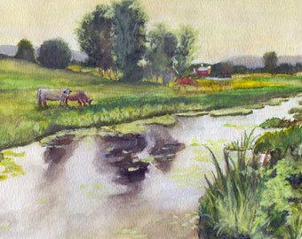 Farm Painting - Print from my Original Watercolor Painting,"Cow Pasture", Farm, Barn, Cow, Watercolor Landscape