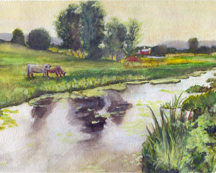 農場の絵画 - 私のオリジナルの水彩画「牛の牧草地」、農場、納屋、牛