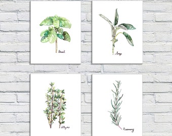 Herb Print Set of 4 - 8x10 Watercolor Prints, Herb Watercolors, Kitchen Decor, Botanical Print, Print Set, Herb Prints, Herb Painting, Herbs