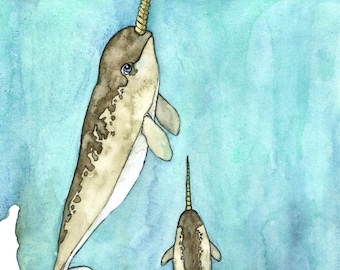 水彩画、イッカクの絵画、イッカク、イッカクのアート、クジラの育児室