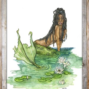 Mermaid Painting, Watercolor Painting, Mermaid Art, Mermaid Decor, Mermaid Print, Nursery Art, Waterlily, Print titled, The River Guardian image 5