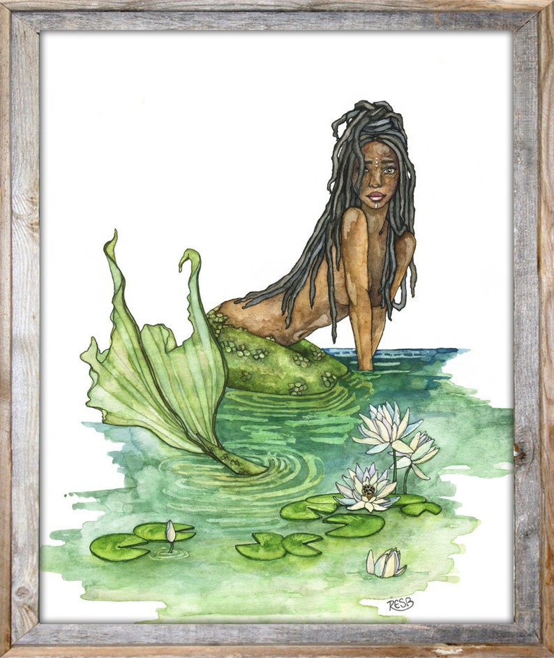 Mermaid Painting, Watercolor Painting, Mermaid Art, Mermaid Decor, Mermaid Print, Nursery Art, Waterlily, Print titled, The River Guardian image 5