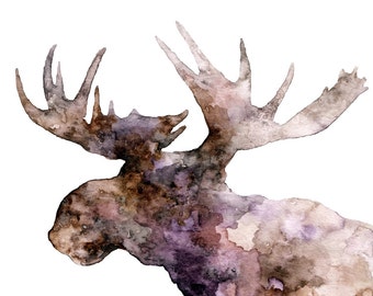 Moose Silhouette Painting - Print from Original Watercolor Painting, "The Purple Moose", Moose Print, Moose Head, Moose Art