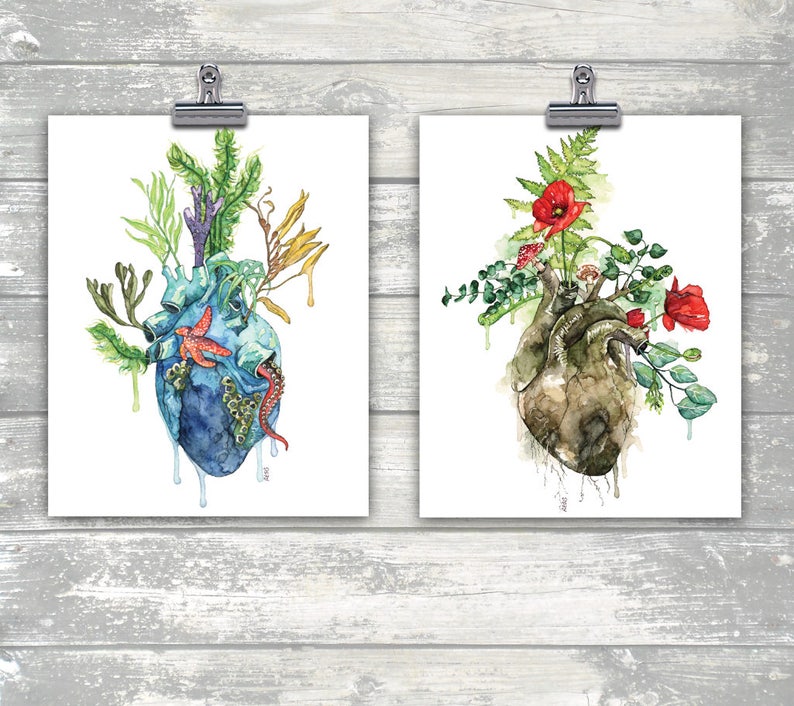 Pintura de acuarela, Corazón anatómico, Impresión anatómica del corazón, Botánico, Corazón humano, Corazón, Flores de acuarela, Impresión titulada Overgrown imagen 4