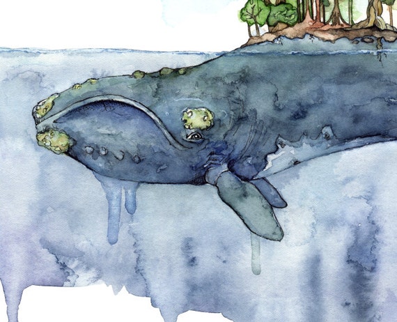 クジラの絵画、水彩画、クジラの島、クジラのアート、ビーチの装飾