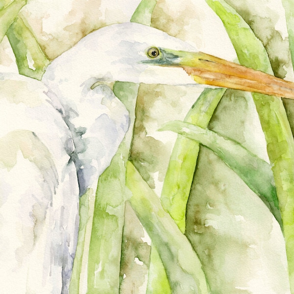 Peinture à l’aigrette - Gravure à partir de la peinture à l’aquarelle originale, « The Water Stalker », aigrette blanche, oiseau, sauvagine