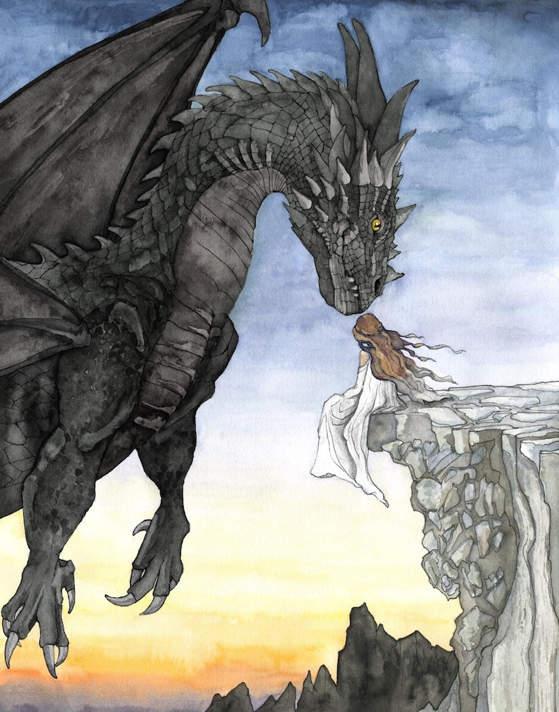 May include: A black dragon with yellow eyes looks down at a woman in a white dress sitting on a cliff edge. The dragon's wings are spread out behind it. The scene is painted in watercolor and has a soft, dreamy feel.