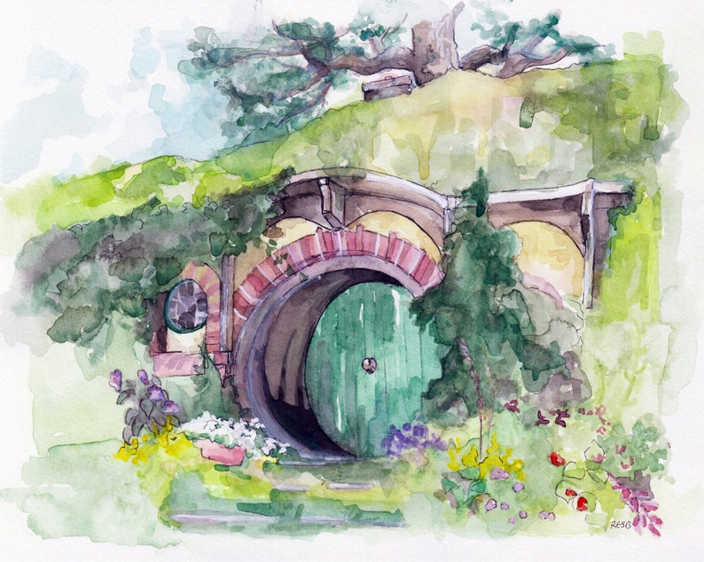 May include: Watercolor painting of a hobbit hole with a green door. The hole is surrounded by lush greenery and a tree.