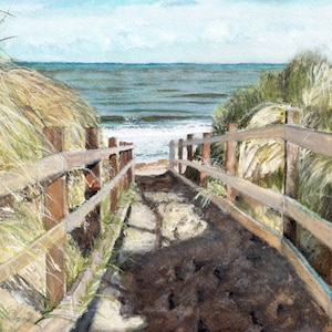 Beach Painting, Print from Original Watercolor Painting, "Beach Walk", Ocean Decor, Blue Sea, Beach Dunes