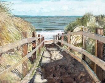 Beach Painting, Print from Original Watercolor Painting, "Beach Walk", Ocean Decor, Blue Sea, Beach Dunes