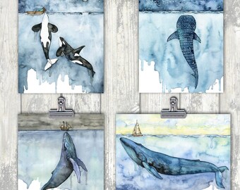 水彩画、イッカクの絵画、イッカク、イッカクのアート、クジラの育児室