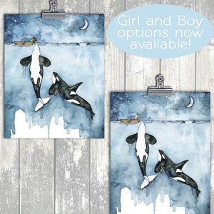 Orca Painting, Watercolor Painting, Whale Painting, Orca and Girl, Killer Whale, Whale Nursery, Whale Print, Boy and Girl Versions Available image 2