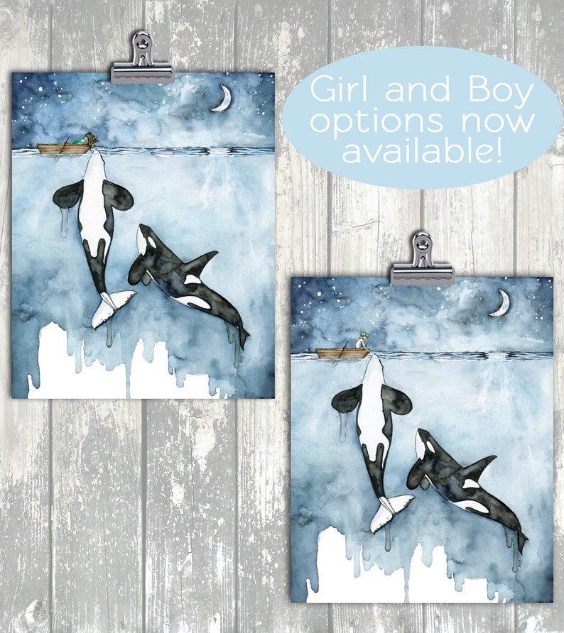 Orca Painting, Watercolor Painting, Whale Painting, Orca and Girl, Killer Whale, Whale Nursery, Whale Print, Boy and Girl Versions Available image 2