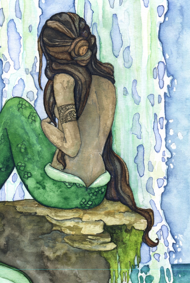 Mermaid Painting, Watercolor Painting, Mermaid Art, Mermaid Decor, Mermaid Print, Nursery Art, Waterfall Painting, Print titled, Cascade image 5