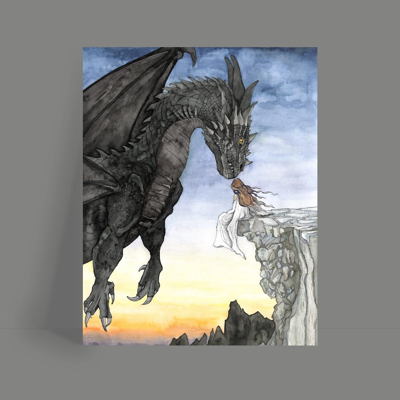 May include: A black dragon with yellow eyes looks down at a woman in a white dress standing on a cliff. The dragon is in flight and the woman is looking up at the dragon. The background is a watercolor painting of a sunset sky.
