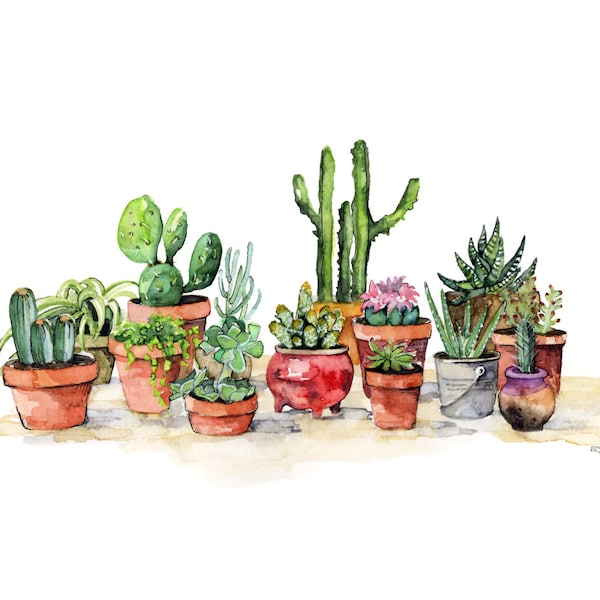 Pintura de Suculentas en maceta - Impresión de acuarela titulada, "Plantas en maceta", Suculenta, Impresión de cactus, Botánica, Plantas suculentas, Pintura, Impresión