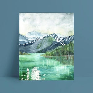 Mountain Lake Painting Print of Mountain Landscape, Forest Print, Watercolor Landscape, Abstract Art image 3