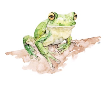 Tree Frog Painting - Print from Original Watercolor Painting, "White Lipped Tree Frog", Kids Room Decor, Green Frog, Frog Wall Decal, Frog