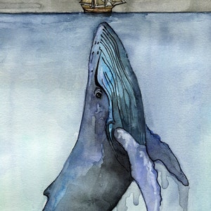 May include: A watercolor painting of a blue whale breaching the surface of the ocean. A small sailboat with a black flag sails on the surface of the water above the whale.