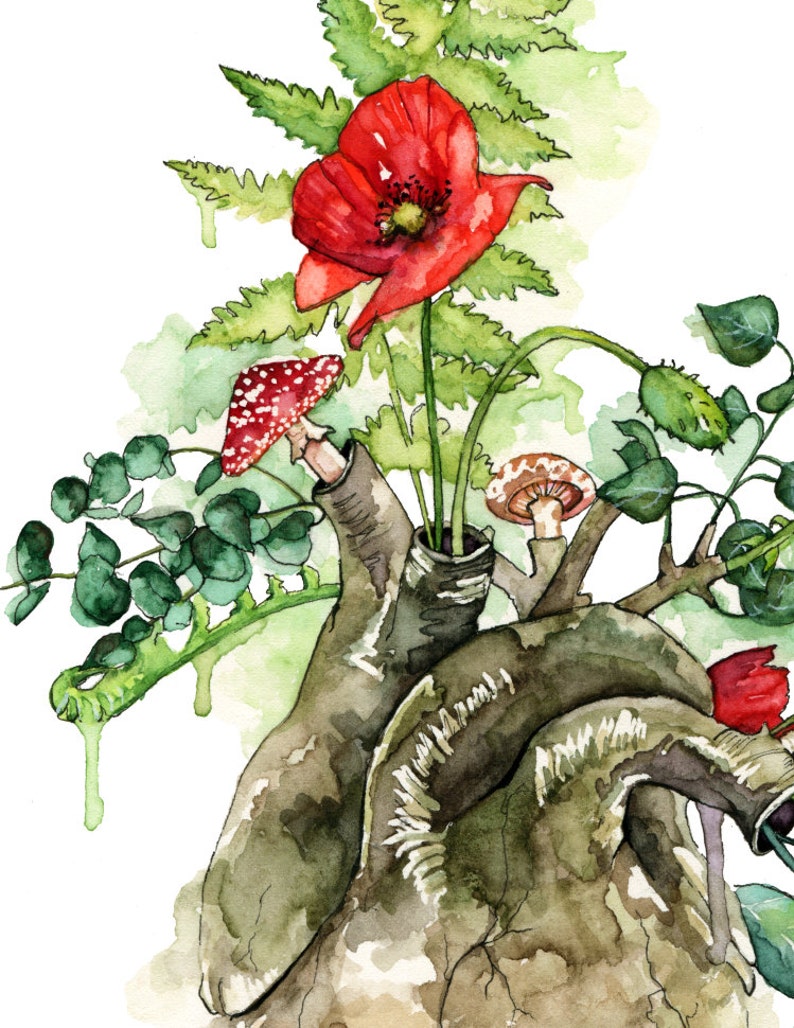 Pintura de acuarela, Corazón anatómico, Impresión anatómica del corazón, Botánico, Corazón humano, Corazón, Flores de acuarela, Impresión titulada Overgrown imagen 5