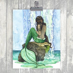 Mermaid Painting, Watercolor Painting, Mermaid Art, Mermaid Decor, Mermaid Print, Nursery Art, Waterfall Painting, Print titled, Cascade image 2