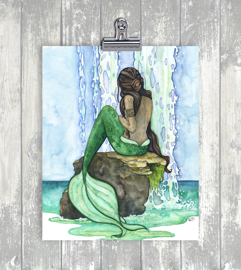 Mermaid Painting, Watercolor Painting, Mermaid Art, Mermaid Decor, Mermaid Print, Nursery Art, Waterfall Painting, Print titled, Cascade image 2