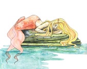 Mermaid Watercolor Painting - Print of Mermaid Sleeping, Watercolor Painting, Mermaid Art