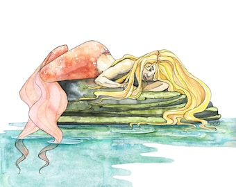 Mermaid Watercolor Painting - Print of Mermaid Sleeping, Watercolor Painting, Mermaid Art