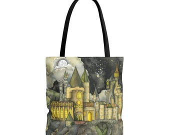 Wizard Castle Tote Bag - Fantasy Shopping Tote, Bookish Bag, Canvas Magic Tote