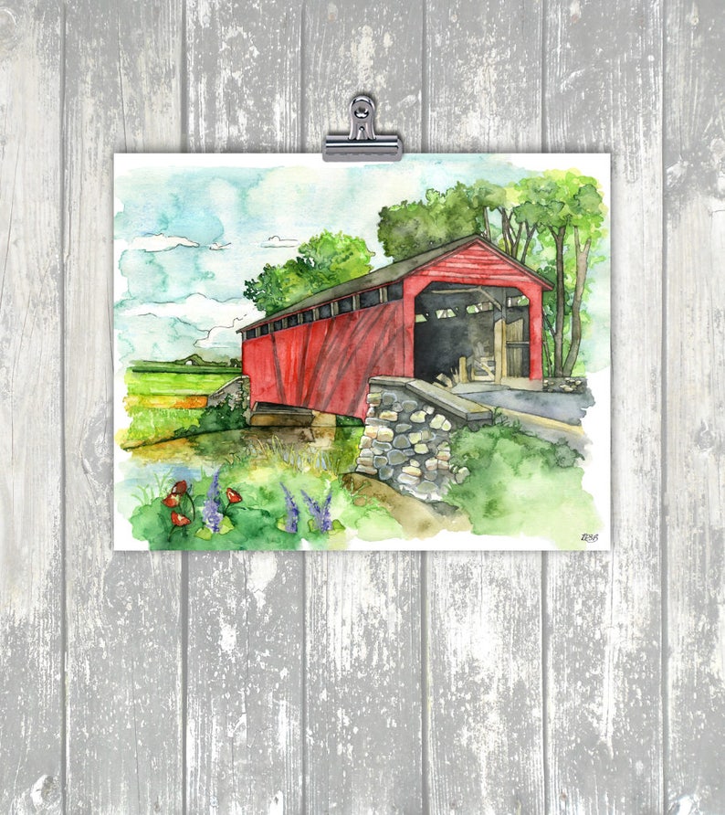 Peinture aquarelle de pont couvert Estampe intitulée, Pont couvert, Aquarelle, Pont, Aquarelle Paysage, Peinture de paysage image 3