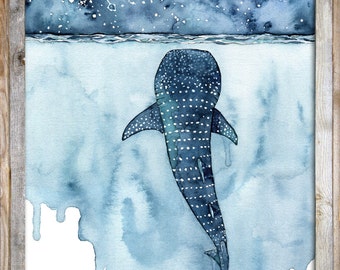 水彩画、ジンベイザメの絵画、クジラの絵画、クジラのプリント、クジラ