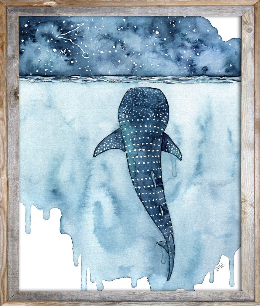 水彩画、ジンベイザメの絵画、クジラの絵画、クジラのプリント