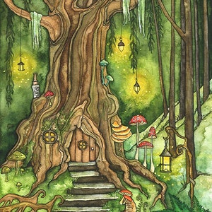 Enchanted Forest Painting, Fantasy Art, Fairy House, Fantasy, Woodland Decor, Woods, Forest, Fairy Door, Print titled "Enchanted Forest"