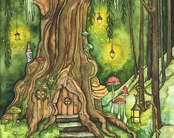 Enchanted Forest Painting, Fantasy Art, Fairy House, Fantasy, Woodland Decor, Woods, Forest, Fairy Door, Print titled "Enchanted Forest"