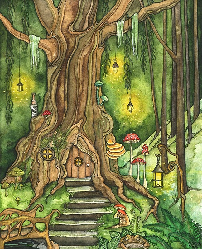 Enchanted Forest Painting, Fantasy Art, Fairy House, Fantasy, Woodland  Decor, Woods, Forest, Fairy Door, Print Titled enchanted Forest 