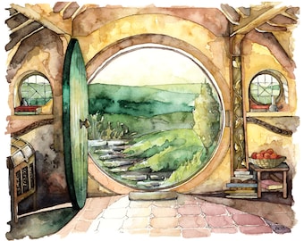 XLARGE Bag End Prints - Sizes 16x20 and up, Bag End Painting, Watercolor Painting, Bag End Art, Fantasy Art, Jrr, Rings, Fantasy Painting