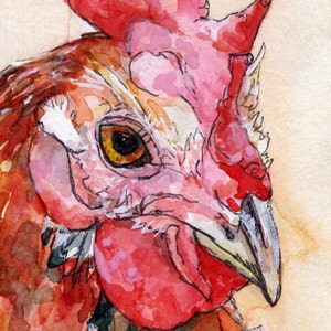 May include: Close-up watercolor painting of a rooster's head. The rooster has a red comb and wattle, a yellow eye, and a white and brown speckled face.