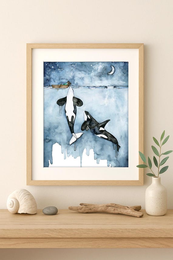 シャチの水彩画プリント - 海の壁アート、シャチと女の子、海の生き物