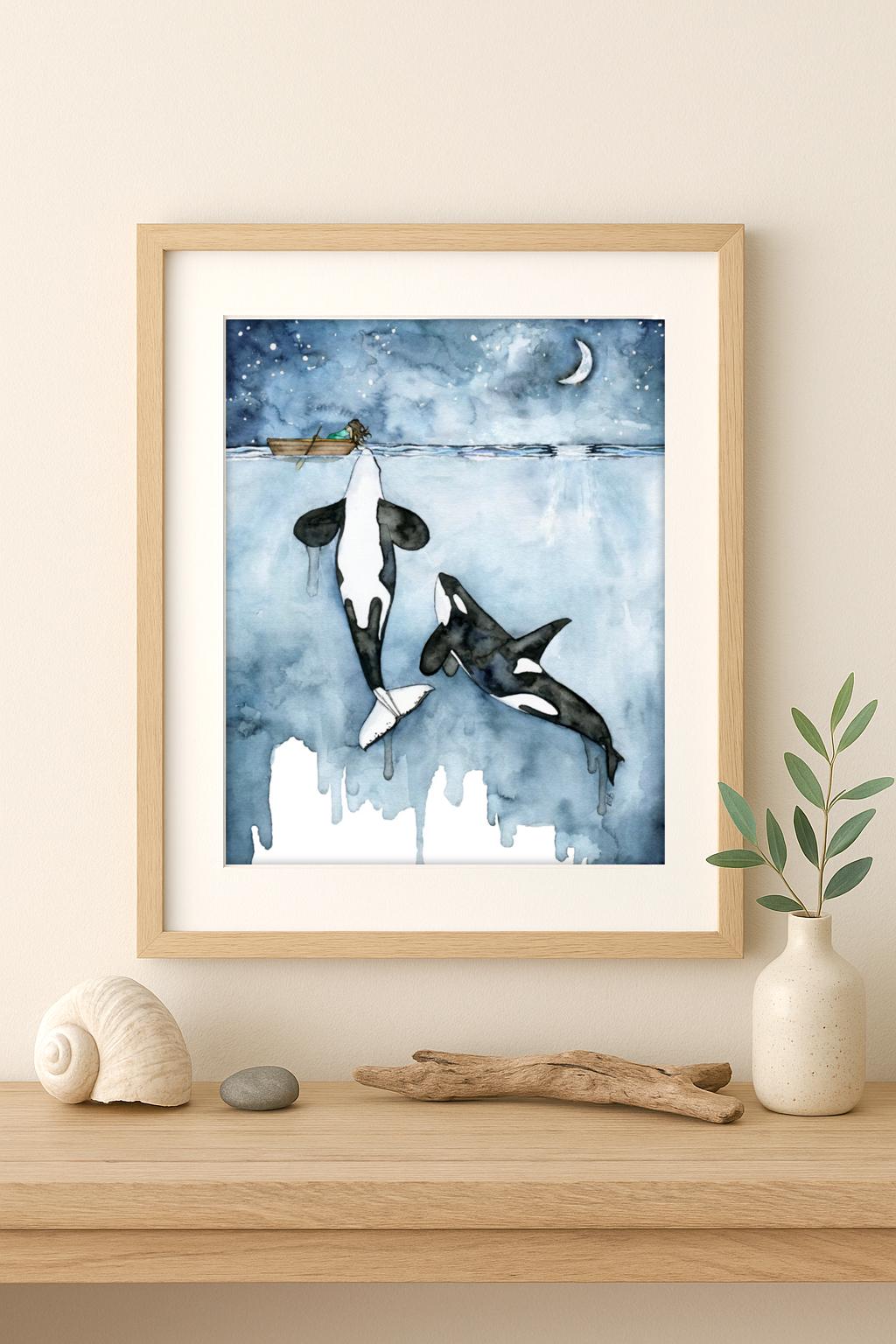 シャチの水彩画プリント - 海の壁アート、シャチと女の子、海の生き物