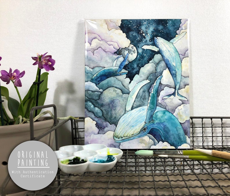 Original Watercolor Whale Painting Painting titled, Faraway Skies, Original Art, Original Painting imagem 1