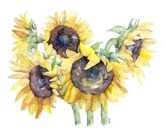 SonnenblumenBild - Druck nach Original Aquarell, "Gepflückte Sonnenblumen", Gartenkunst, Gelbe Sonnenblume