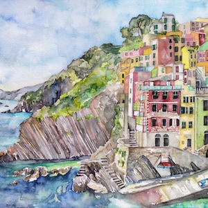 Italy Painting Print from Original Watercolor Painting,Cinque Terre, Watercolor Landscape, Coastal, Seaside image 1