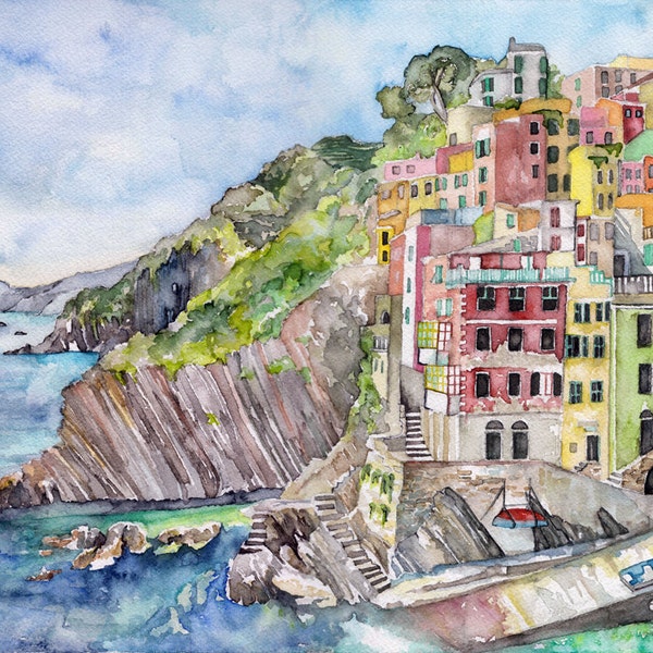 Italy Painting - Print from Original Watercolor Painting,"Cinque Terre", Watercolor Landscape, Coastal, Seaside