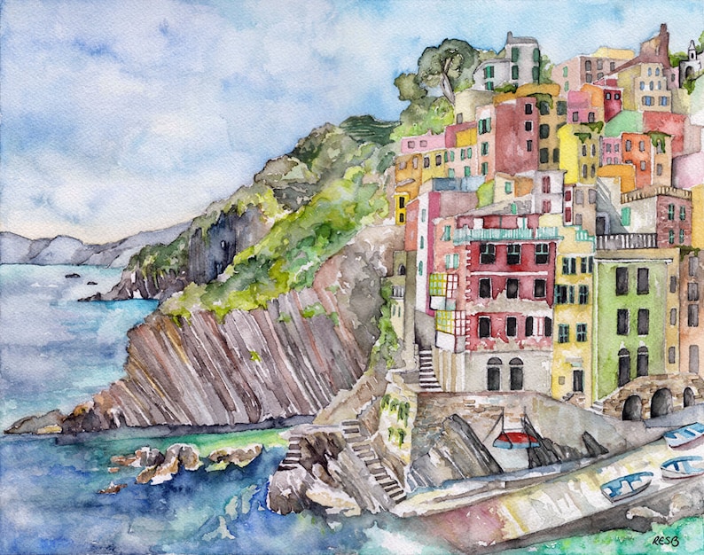 Italy Painting Print from Original Watercolor Painting,Cinque Terre, Watercolor Landscape, Coastal, Seaside image 1